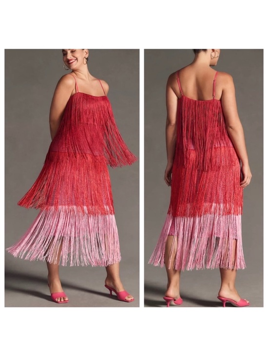 Let Me Be Dresses & Skirts - Anthropologie Let Me Be Red Pink Ombre Tiered Fringe Midi Dress 1X New